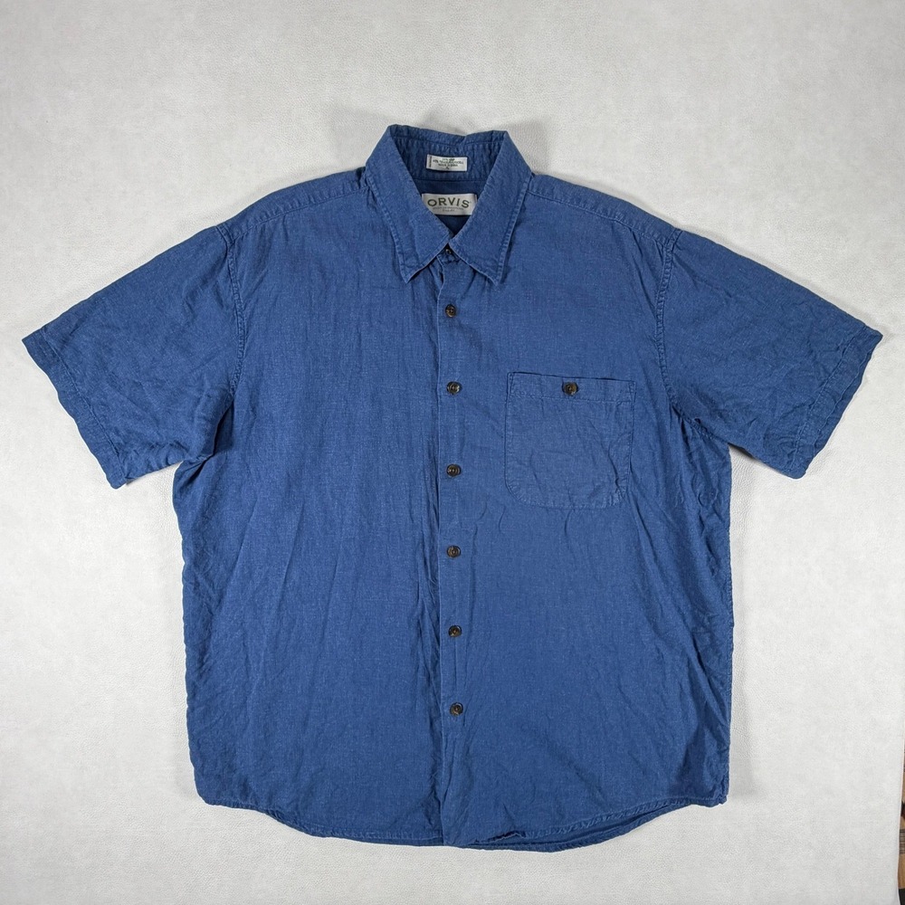 Orvis Mens XL Blue Hemp Tencel Blend Short Sleeve Button Down Shirt Outdoors